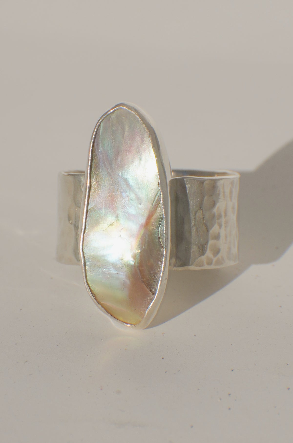Hammered Wide Band Abalone Ring 10.5