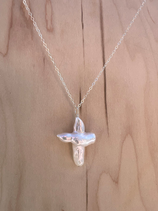 Silver Pearl Cross Necklace