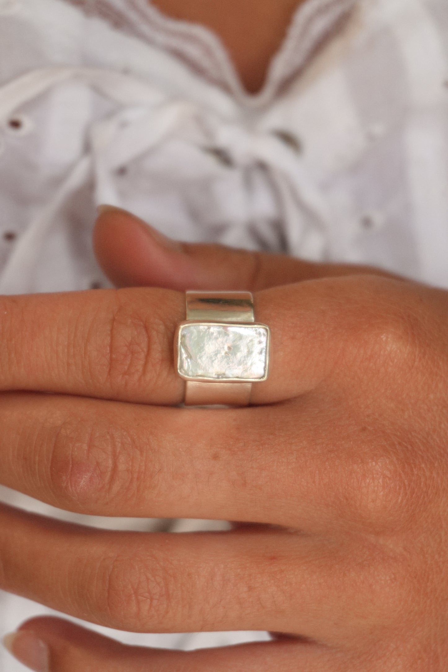 Pearl Wide Band Ring 6