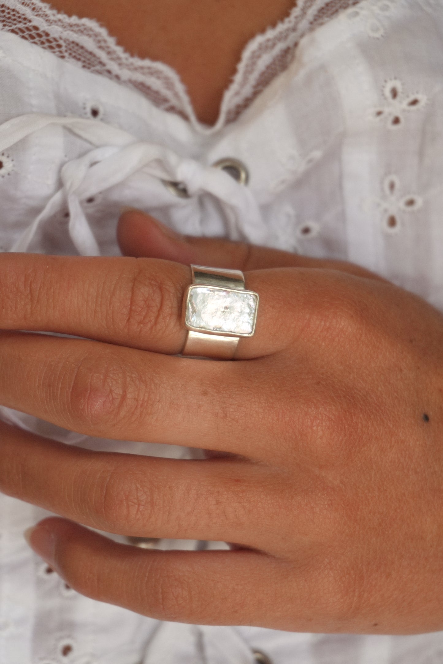 Pearl Wide Band Ring 6