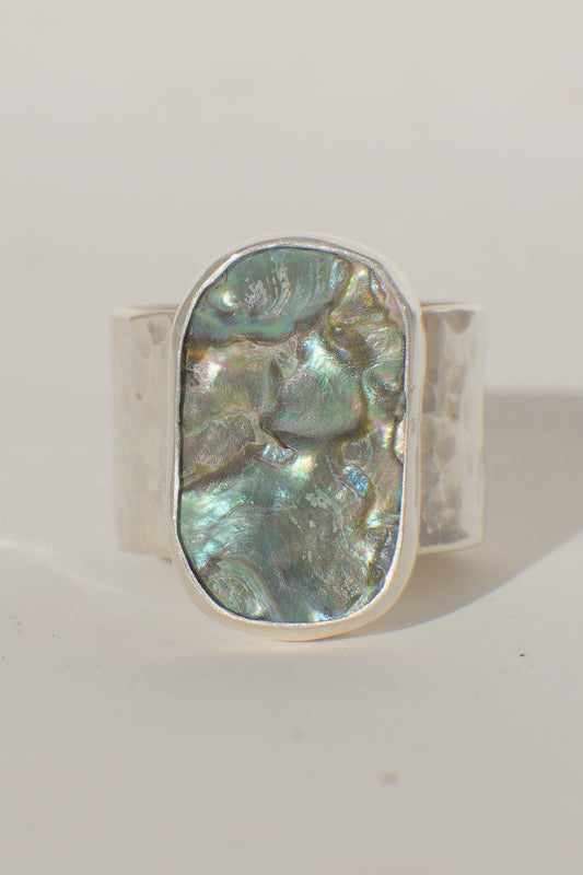 Hammered Wide Band Abalone Ring 5