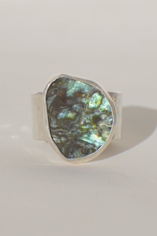 Hammered Wide Band Abalone Ring 7.5