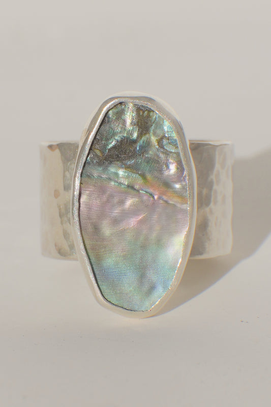 Hammered Wide Band Abalone Ring 5