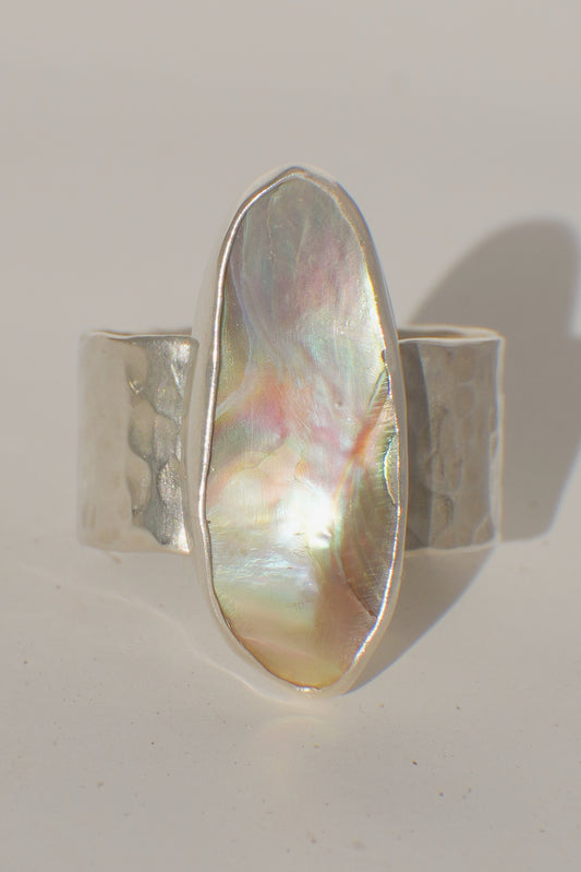 Hammered Wide Band Abalone Ring 10.5
